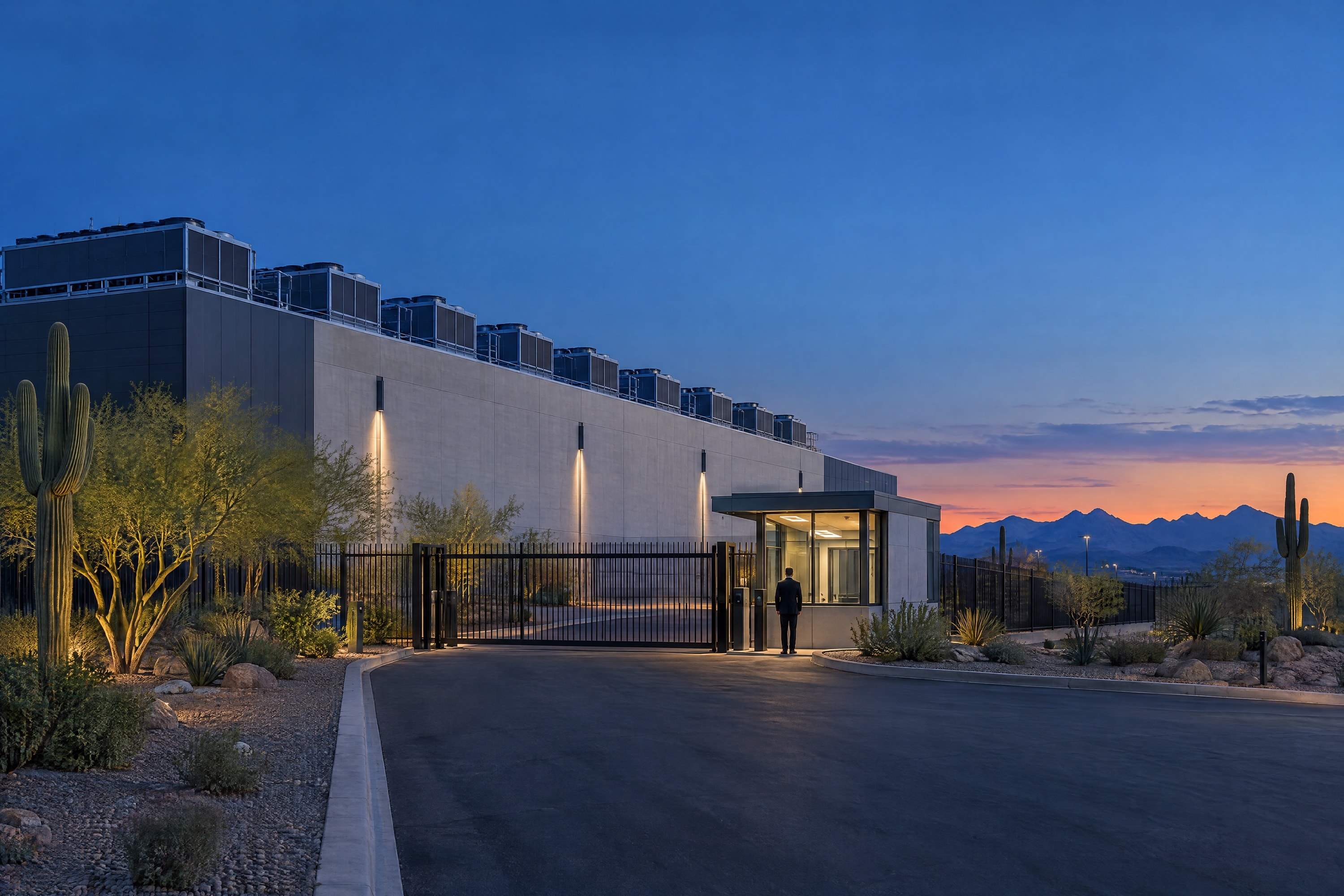 A data center at dusk behind a perimeter fence, one suited officer at the lit gatehouse.