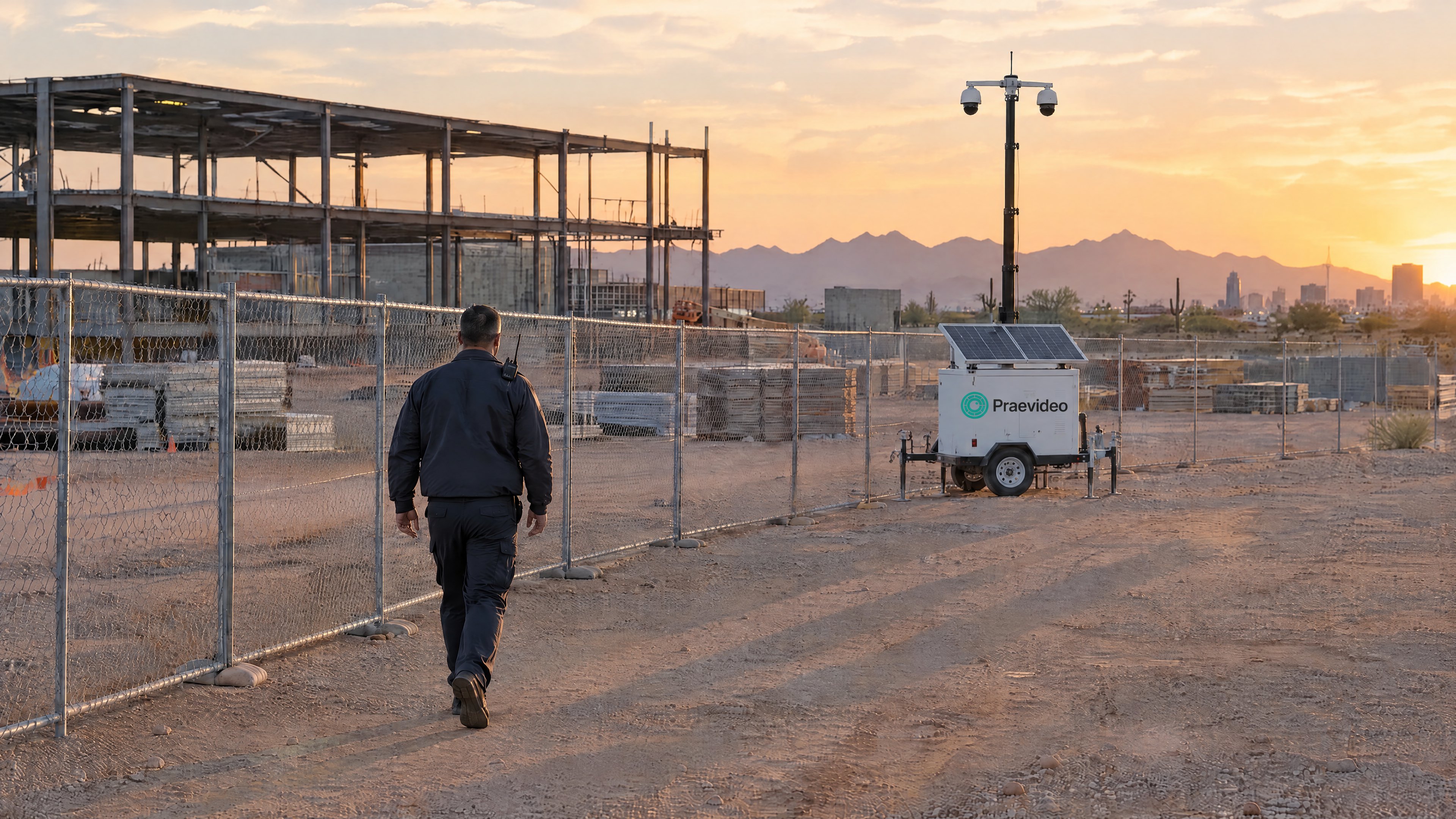 An officer seen from behind walking a construction site fence line at sunset, a Praevideo solar camera trailer watching the same fence.