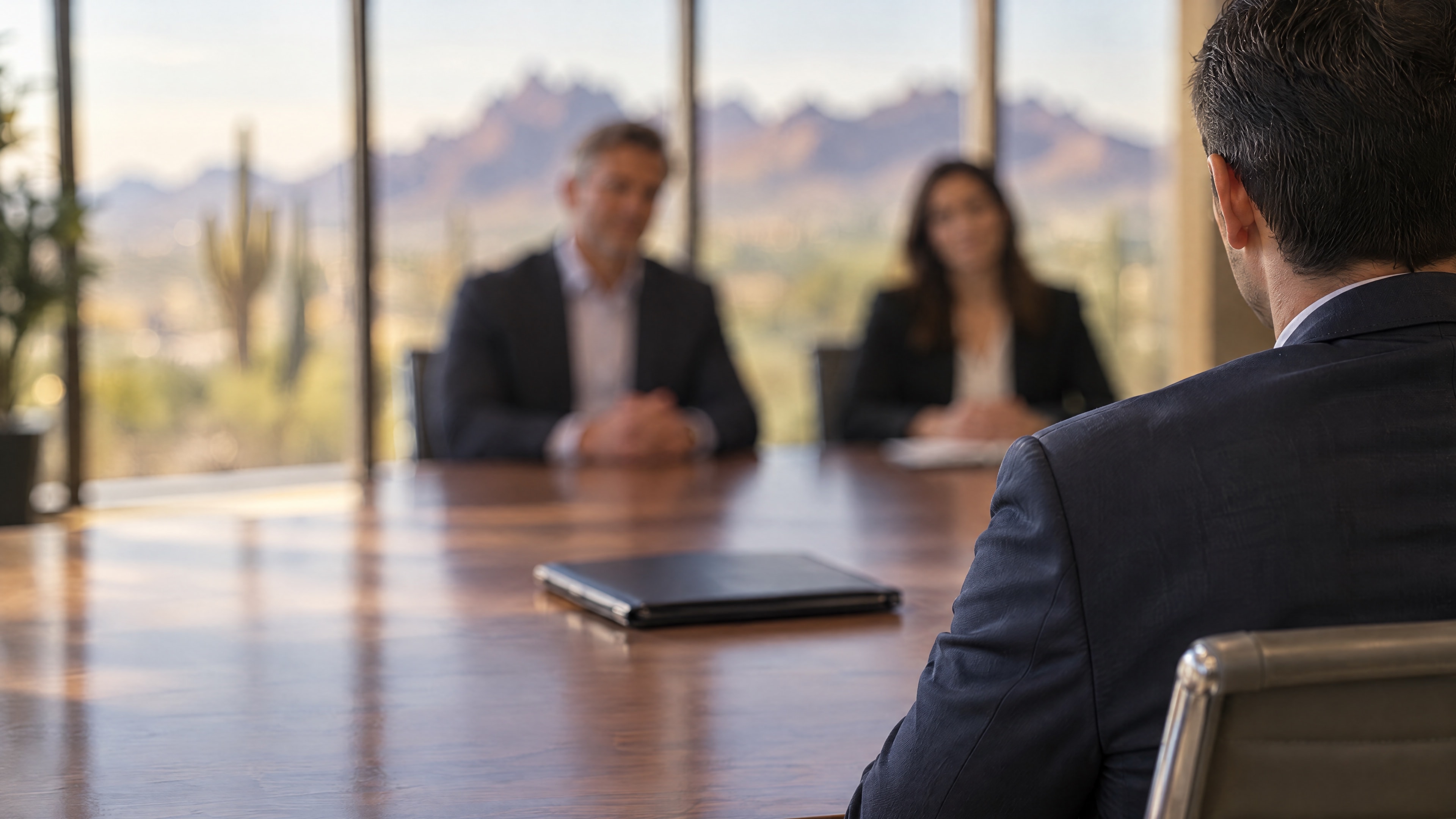 Three people at a conference table, the desert mountains through the windows behind them.