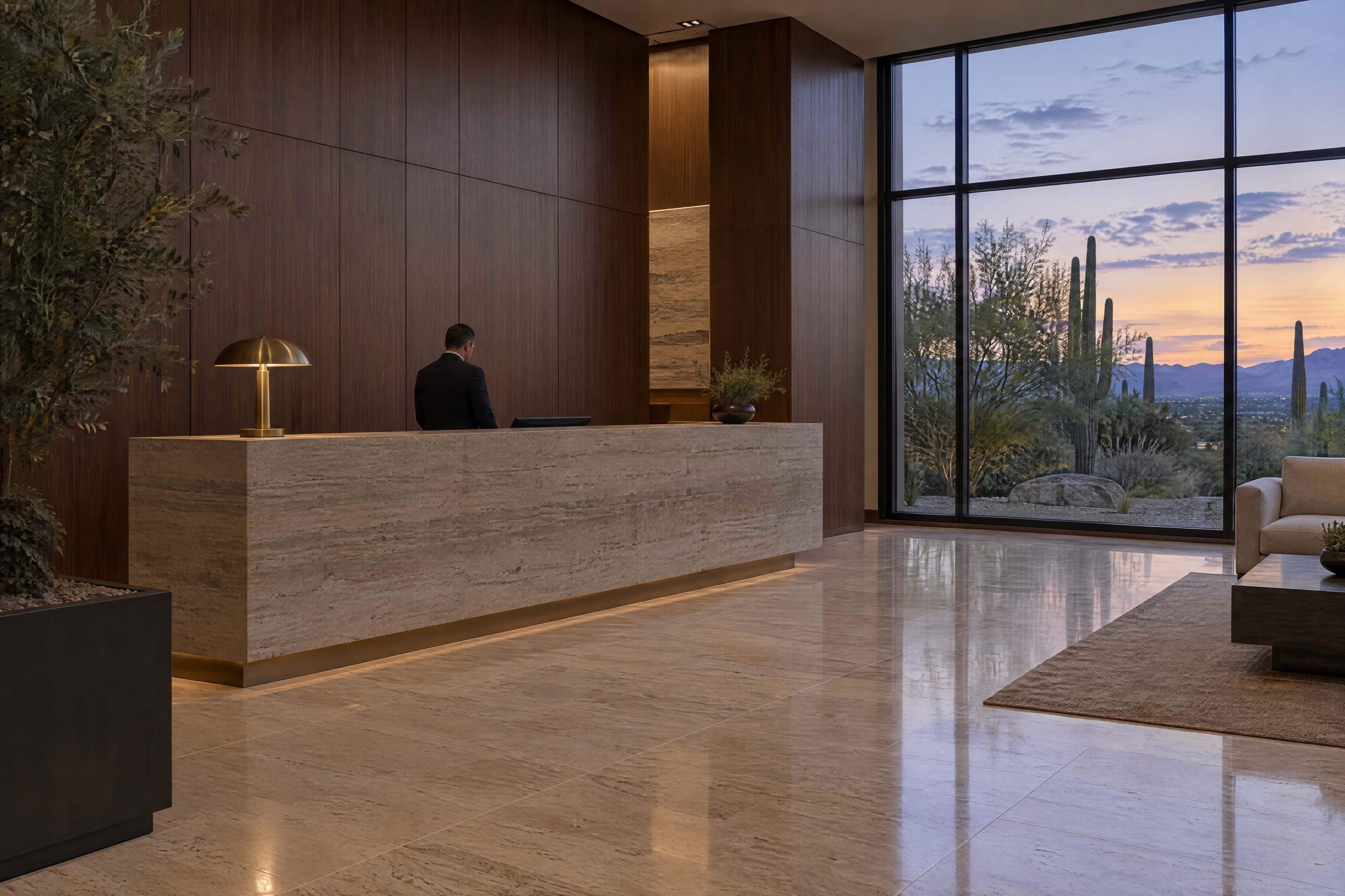 A travertine lobby at dusk, a suited officer at the concierge desk.