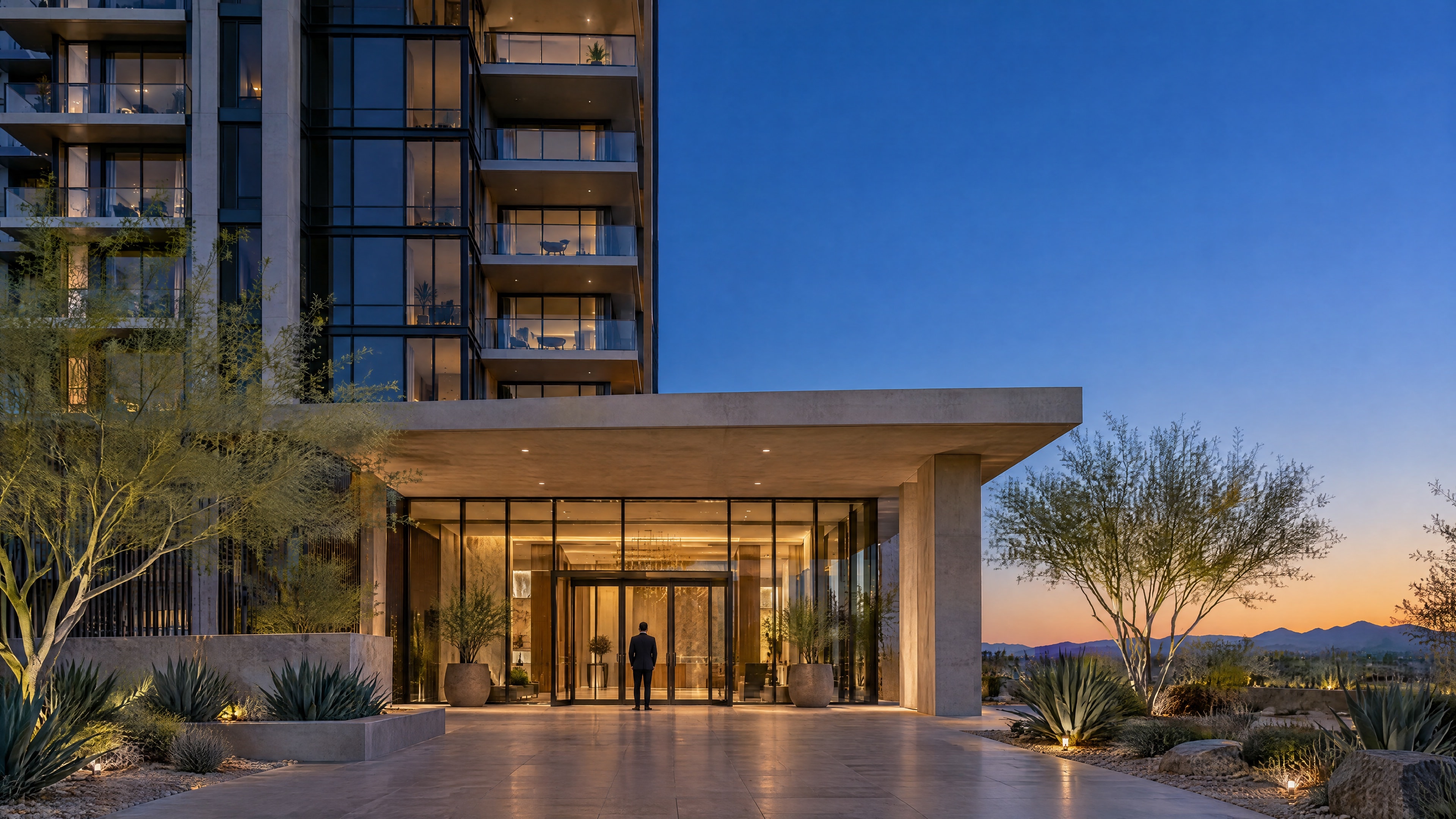 The entrance of a residential tower at dusk, lobby lit, one suited officer at the doors.